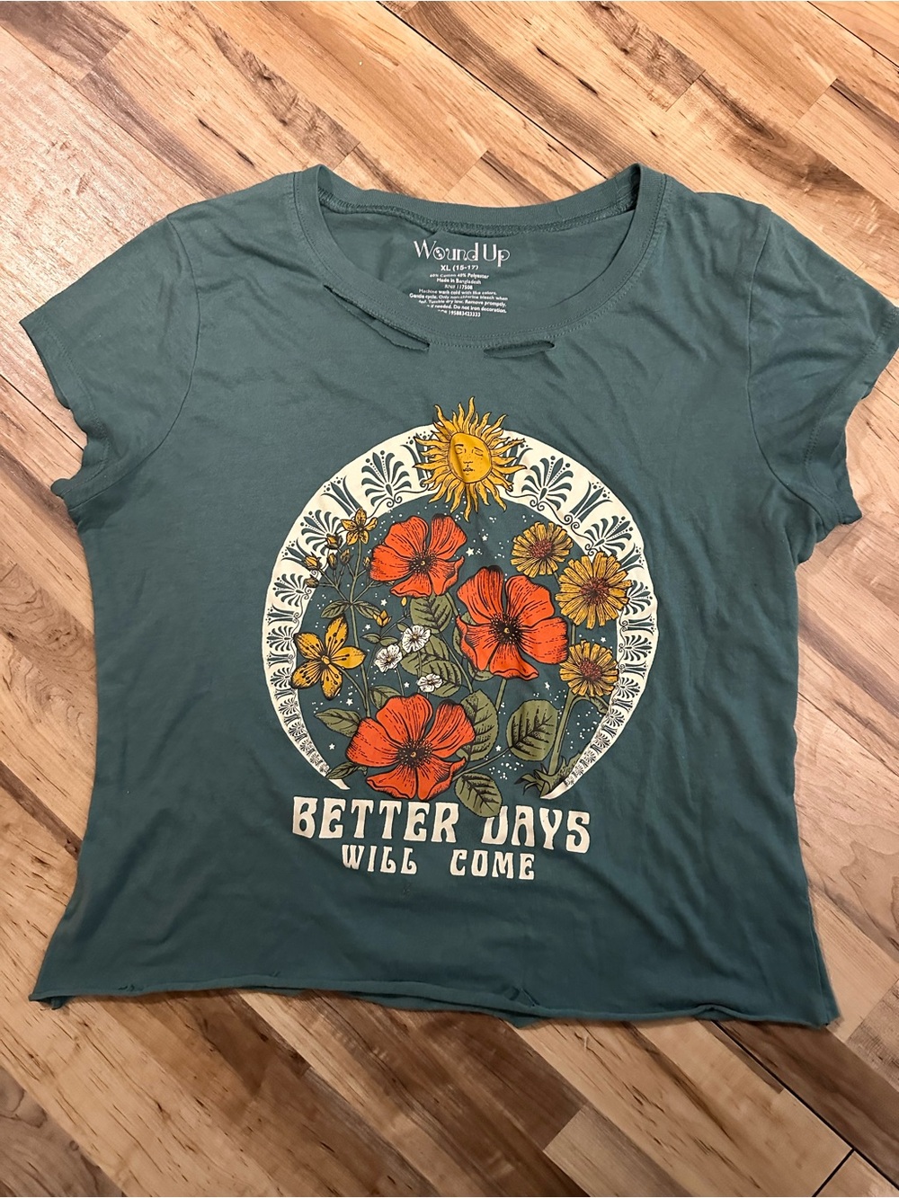 Wound Up Teal Graphic Tee with Orange & Yellow Floral Medallion